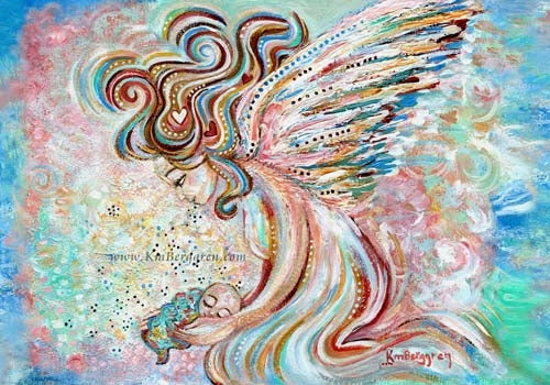whimsical and fantasy artwork of large angel with curly colorful hair holding a tiny infant. Pink and Blue background, Katie m. Berggren