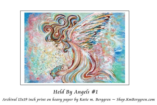 art print of an angel in colorful tones holding a baby angel