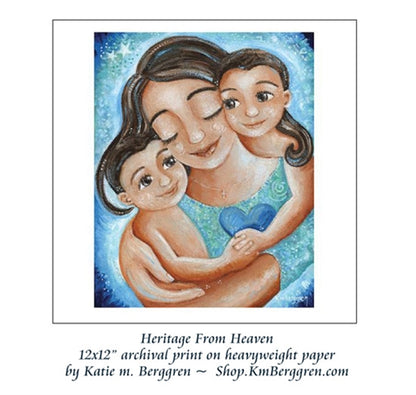 art print of mother with two twin sons in blue with a blue heart, art by KmBerggren