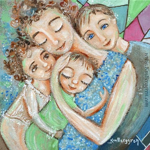 art print with geometric background of mother with curly hair holding three children, pinks and blues and greens, by KmBerggren