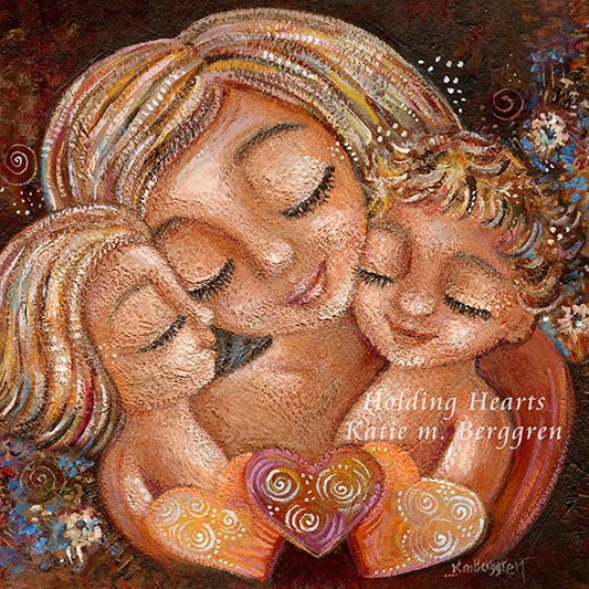 Holding Hearts - Mother Cradling Two Children Art Print