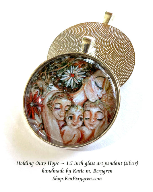 mother with three kids and daisies glass art pendant necklace mothers gift 1.5 inches across handmade by the artist
