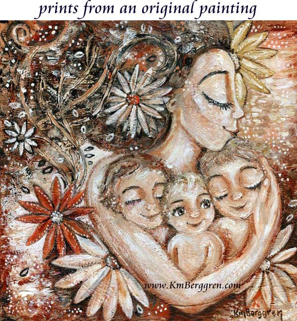 art print of mother with three children and big daisies, whimsical flowers and movement painting by KmBerggren