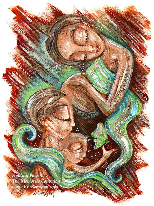 painting on paper, nonbinary parent art, trans woman mother, trans woman parent, pregnant trans man, green butterfly, green eye baby, red and green art, family artwork by Katie m. Berggren