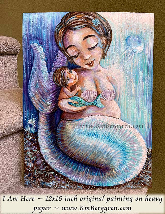 blue green mermaid mother short brown hair, tiny baby and jellyfish original artwork