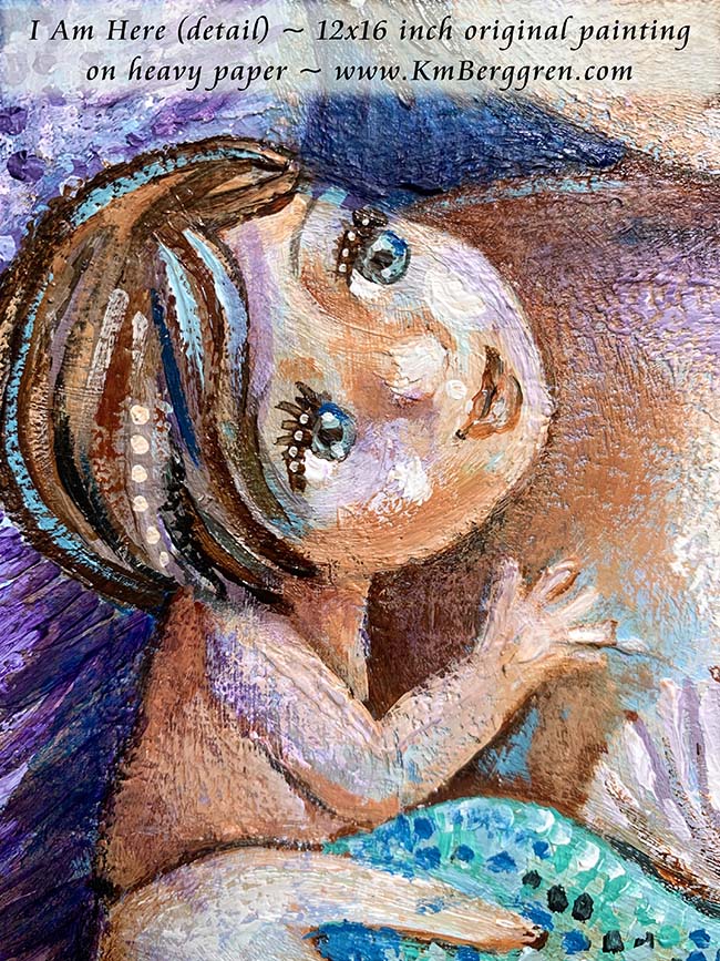 blue green mermaid mother short brown hair, tiny baby and jellyfish original artwork