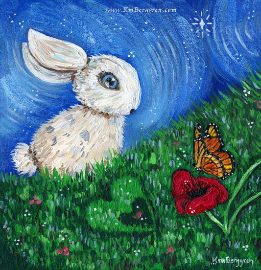 little bunny in the grass with a butterfly and poppy flower from the Carry You With Me storybook
