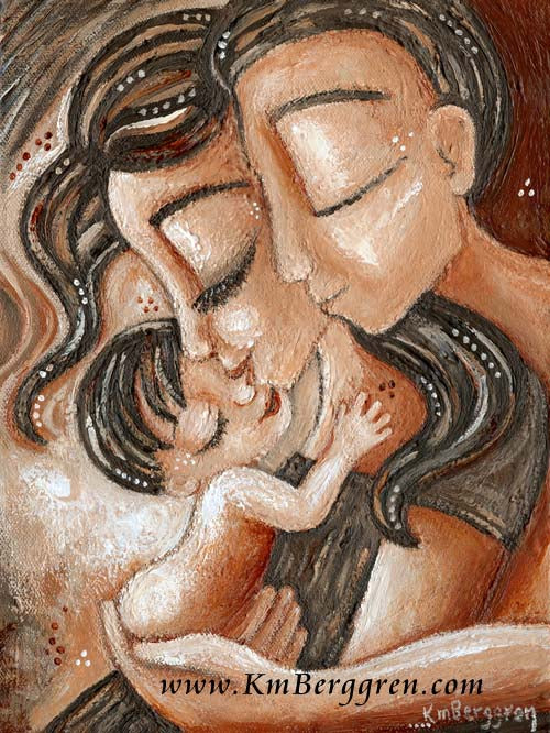New father gift, warm art of mother and father with new brown haired baby