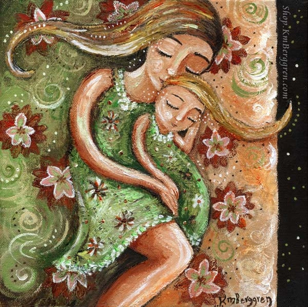 art print of mother sleeping with blonde daughter in a pink and green bed with red flowers by KmBerggren
