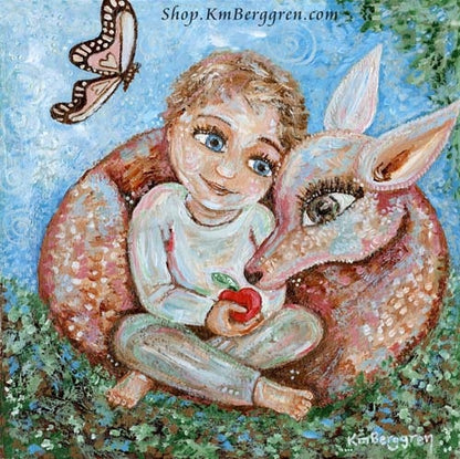 art print of little boy with a baby deer and an apple with a blue sky and butterfly, by KmBerggren