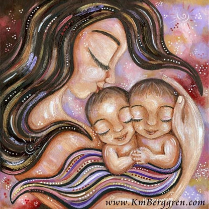 art print of brunette mother kissing brunette baby twins with pink and purple background, by KmBerggren