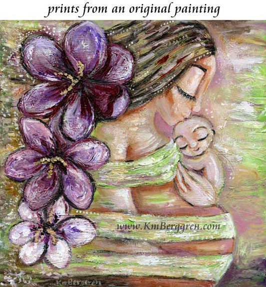 expectant mother art print with giant purple crocuses and tiny new baby with green background by KmBerggren