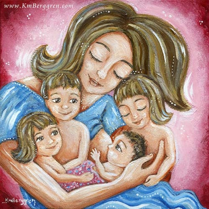 pink and blue art print of mother with four children and nursing the youngest, art by KmBerggren