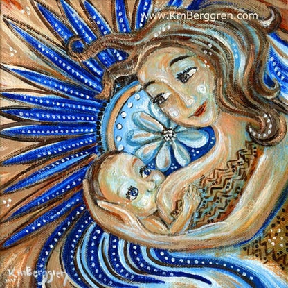 art print by KmBerggren of mother nursing baby with big blue flower in the background. Customize eye colors.