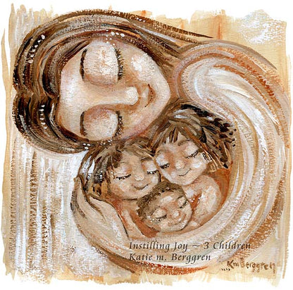 mother and 3 children in warm browns, mom cradling three children, brown watery artwork, biracial babies and mom, gift for mother's day for mom of 3