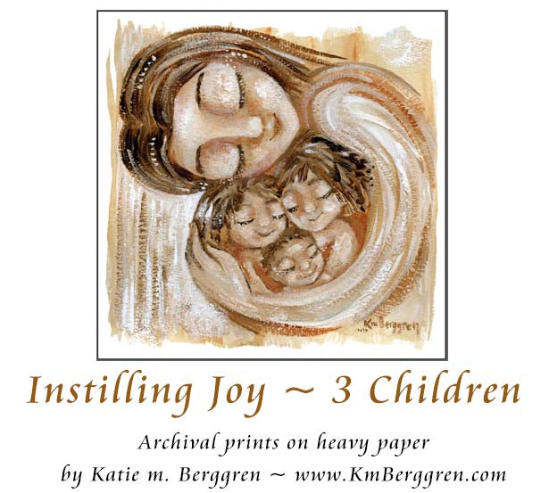mother and 3 children in warm browns, mom cradling three children, brown watery artwork, biracial babies and mom, gift for mother's day for mom of 3