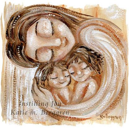 mother and two children in warm browns, mom cradling two children,, blue watery artwork, biracial babies and mom, gift for mother's day for mom of two 2