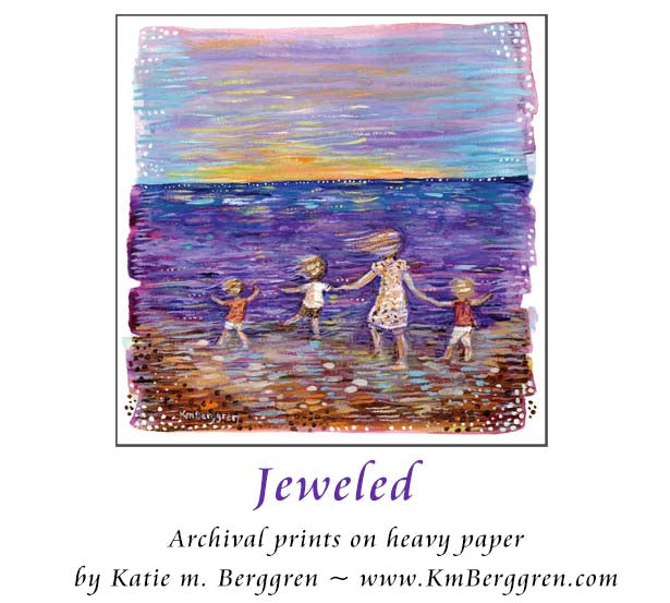 dreamy beach art, woman and 3 children on the beach, purple beach painting