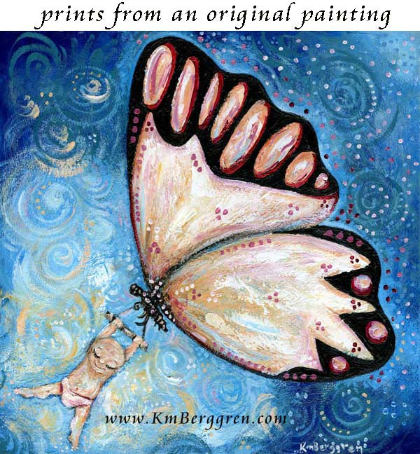 butterfly swinging baby in freedom of blue sky art print by KmBerggren