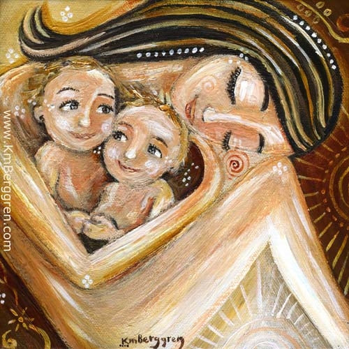 gold and red yellow art print by KmBerggren of brunette mother holding two blonde children in her lap, sweet twins, red sun