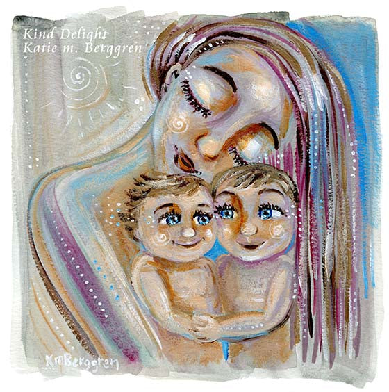 Two sweet children art print, blue eyed babies - choose an embellished print if you'd like the eye colors changed! Mother of 2 children mother's day gift. Meaningful gift for a mother with two children.  Pink and blue art print. Limited Edition option.