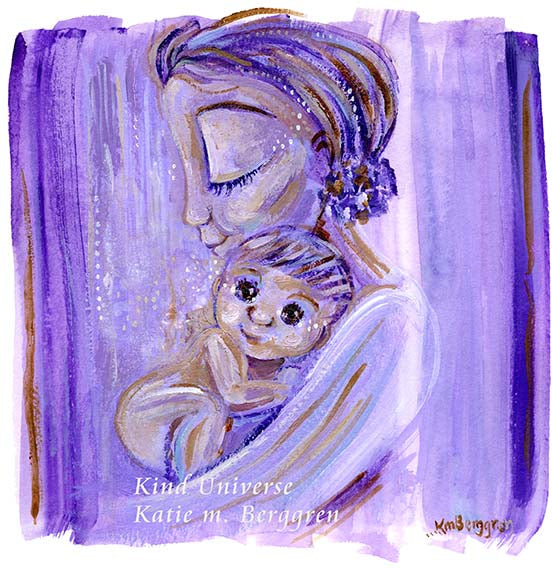 purple lavender mommy and baby art print, unique meaningful art print gifts for mom, gentle mother artwork, vibrant purple artwork