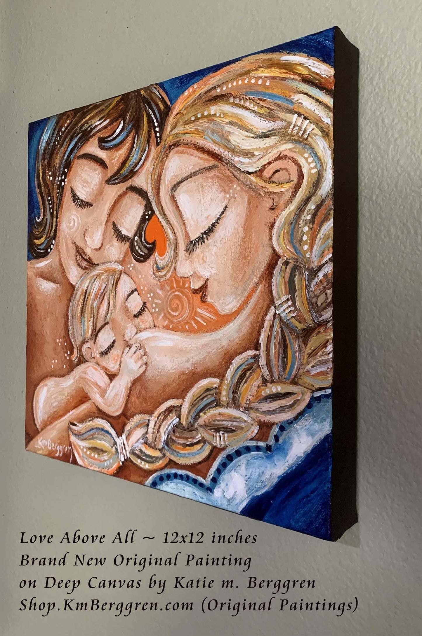 original painting of two mothers with nursing baby, blonde braid, short brown hair, artwork by KmBerggren