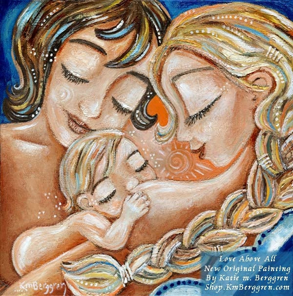 original painting of two mothers with nursing baby, blonde braid, short brown hair, artwork by KmBerggren