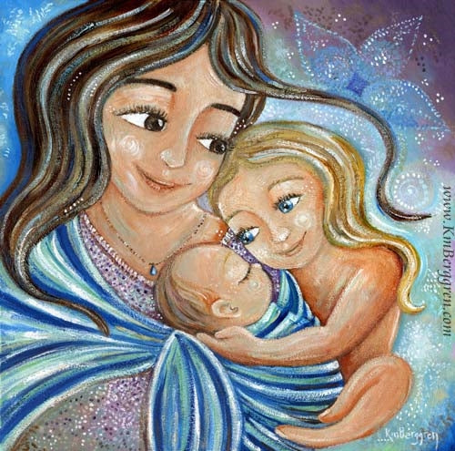 babywearing artwork by KmBerggren brown haired mother with blonde daughter and new baby in sling