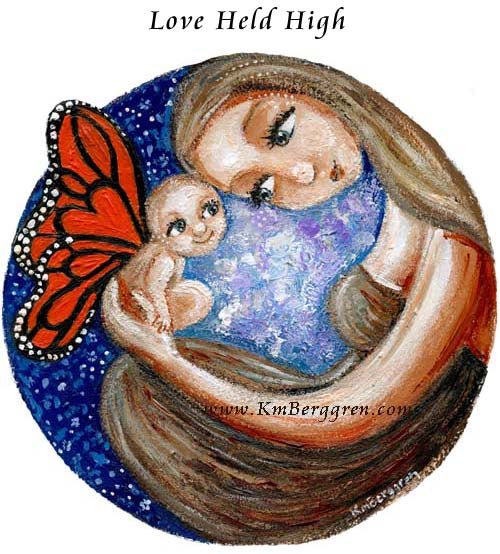 woman holding winged baby in her hands, angel baby held by angels, angel baby holding a heart baby angel in pastel colors, winged baby with heart, angel child loss, infant and pregnancy loss, gone but not forgotten, missing my baby art by Kmberggren