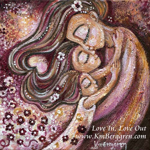 mother with two daughters, hugging with flowers and hearts, magenta, pure motherly love love, mom and little girls art