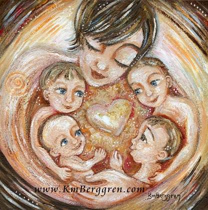 short brown haired mom artwork with four children, four boys by KmBerggren