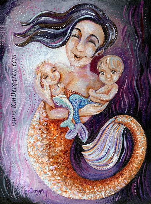 mermaid mother with two kids, black hair mermaid holding babies, merbabies, merchildren, merbaby art