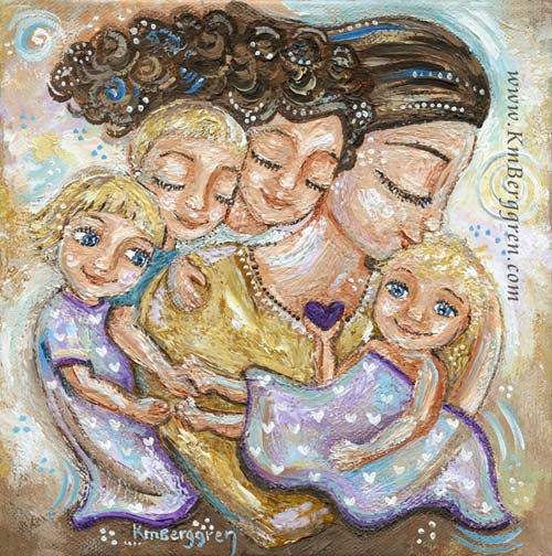 art print of mother with four children, blue and purple with blonde and brown hair, by KmBerggren