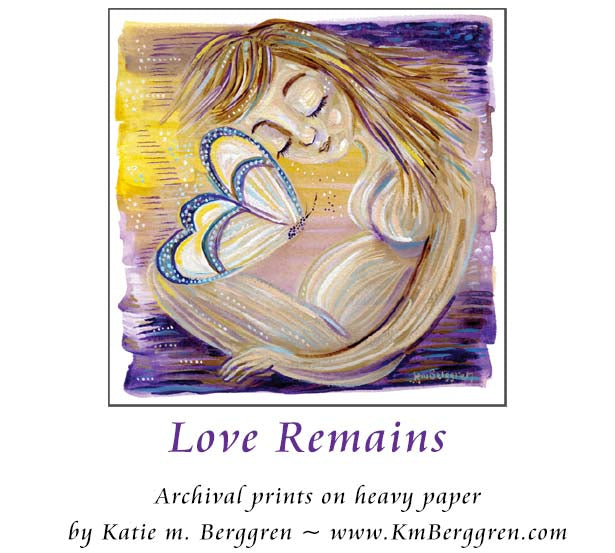 Pregnant mother with purple and yellow butterfly. Inspiring and comforting art prints for mom pregnant with her rainbow baby