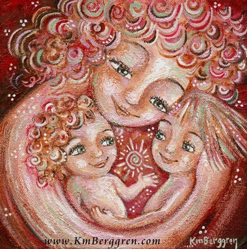 pink and art print of curly mother with two daughters by KmBerggren
