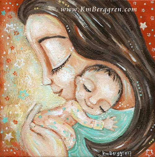 mother holding tiny baby on her shoulder, newborn baby with stars hugging mommy with brown hair and closed eyes by KmBerggren