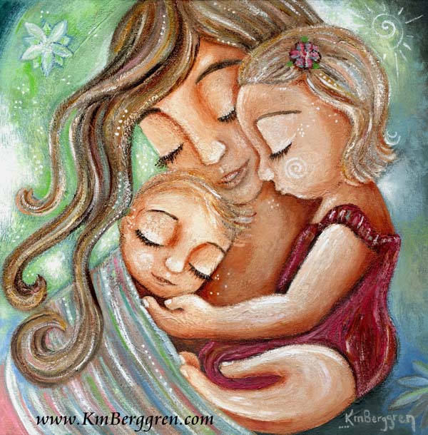 green blue and red artwork of mother wearing baby in front pack while holding girl by KmBerggren