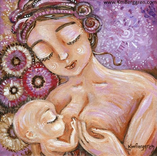 purple and pink breastfeeding art, mother with hair in knots, bald baby nursing, art by KmBerggren