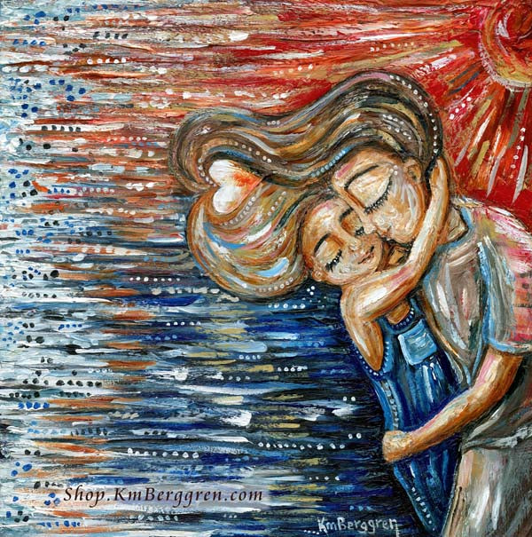 Mom with brown hair hugging blonde daughter on the beach art, personalized mom art, best friend art gift