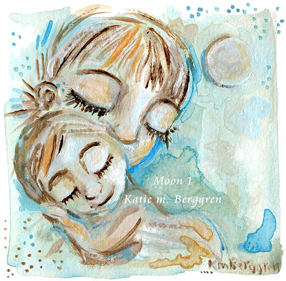 dreamy blue art with moon, mother and toddler hugging, cool blue artwork of mom and baby