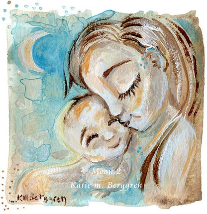 dreamy blue art with crescent moon, mother kissing new bald baby, cool blue artwork of mom and baby