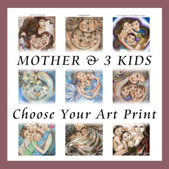 gifts for mom and three kids, third child baby gift, gift for mom with 3 kids gift basket, mother child artwork by Katie m. Berggren
