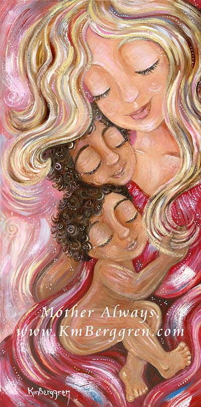 Mother, Always - Mother Cuddling Two Bi-Racial Children Art Print