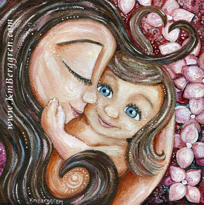Personalized Wall Art for moms, Mother daughter gifts, little girl and mother with pink hydrangea flowers around them