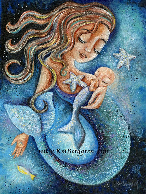 breastfeeding mermaid with bald infant at breast, blue water, starfish and red long way hair artwork