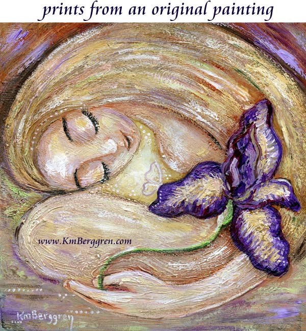 Fertility art print of blonde mother with giant purple iris flower by KmBerggren