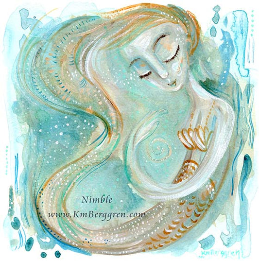 lone mermaid in green and blue, inspirational single woman gift art print - limited edition option