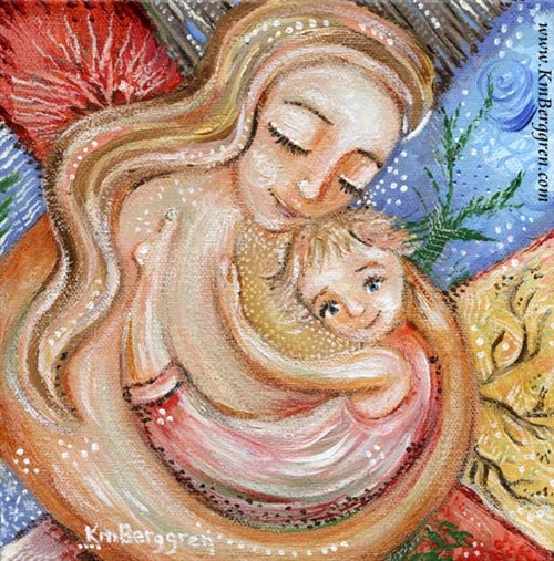 seasons artwork by KmBerggren of blonde mother and child with trees and storm, fall winter summer behind them