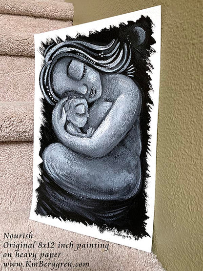 An 8x12 inch ORIGINAL black and white mother and baby painting on heavy 185 lb paper stock, mother and child black and white artwork, black and white painting of mom and baby, black and white paintings of women, bird and baby artwork, new baby gift, new baby artwork in black and white, black and white breastfeeding painting